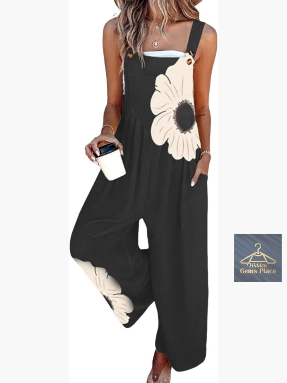 Floral Print Sleeveless Wide Leg Jumpsuit with Pockets
